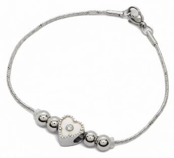 Pulsera de acero quirurgico eslabon cola de raton con bolitas y dije corazon blanco 19cm
